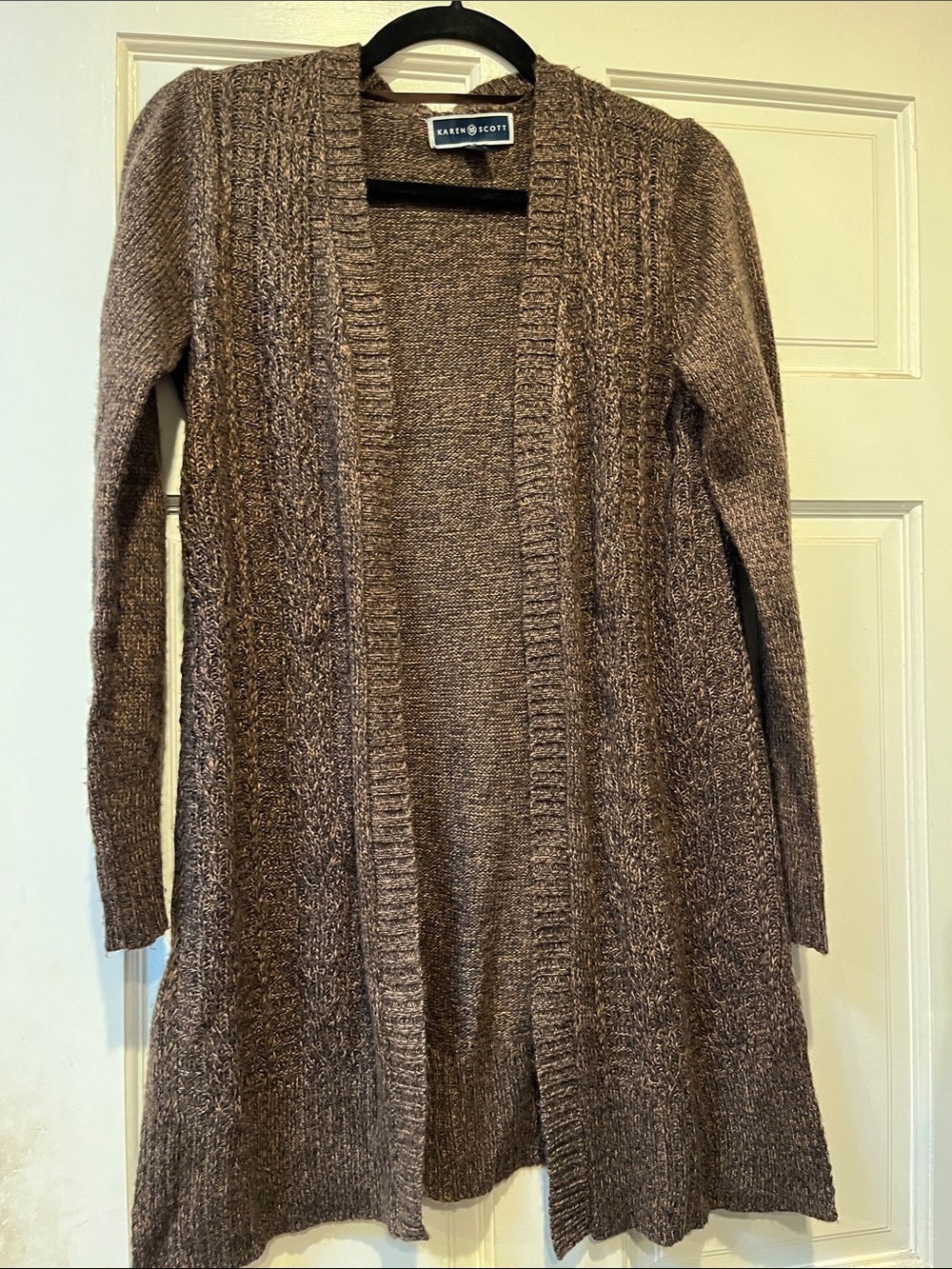Karen Scott Heathered Brown Open-Front Long Cardigan
